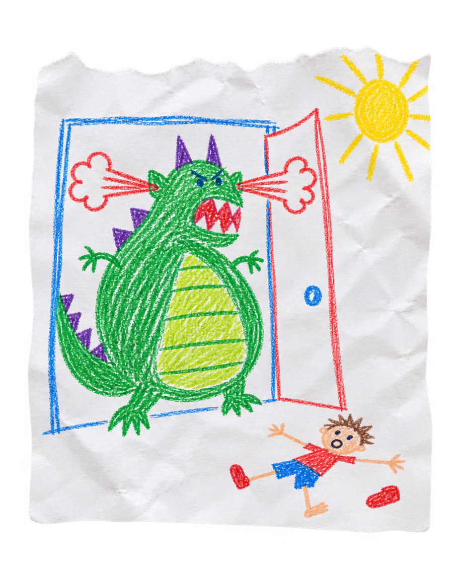 A child's crayon drawing of a parent as a green dragon with steam coming out of its ears, and a kid lying on the floor with one shoe off.
