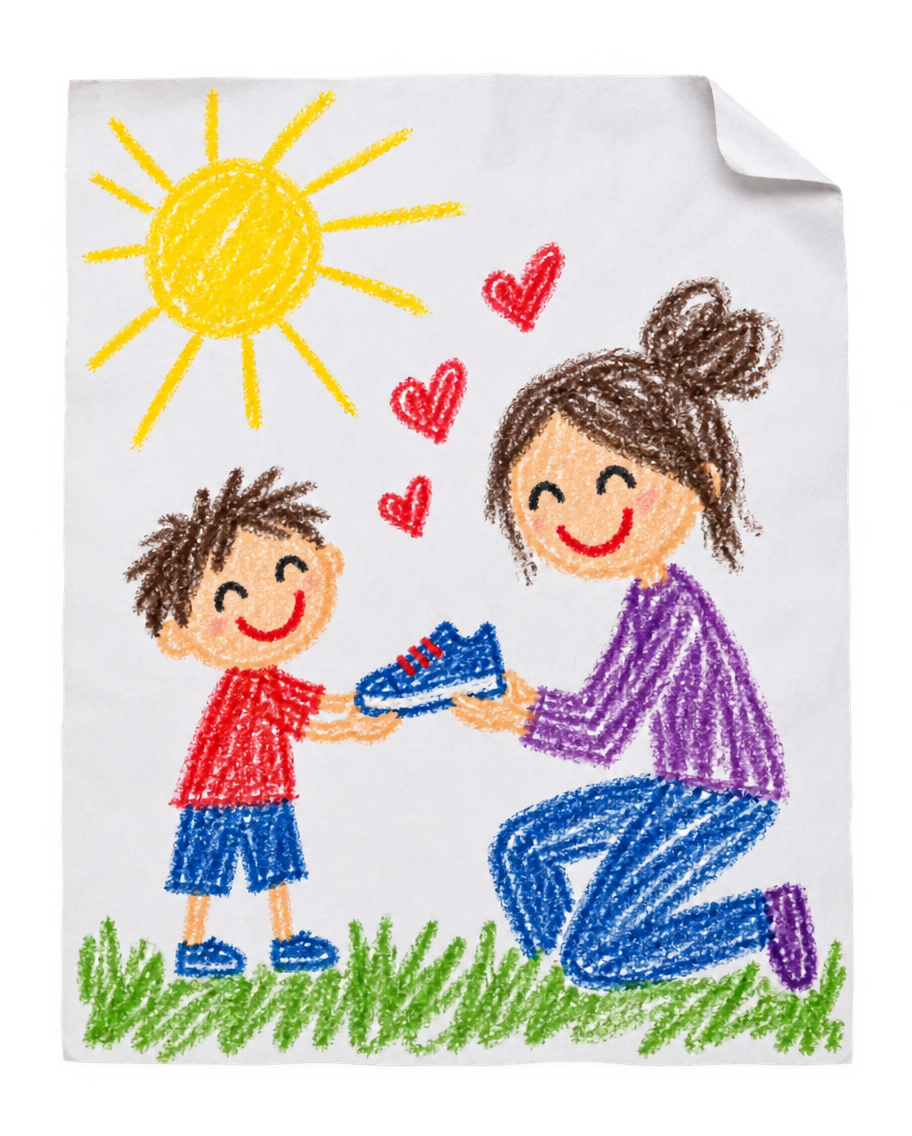 A child's crayon drawing of a grown-up kneeling down to a kid's height, both smiling, holding a sneaker together under a big sun.